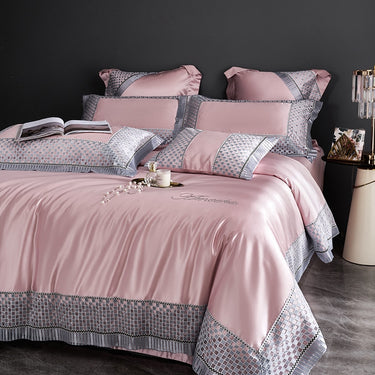 Luxury Pink Blue European Satin Princess Chic Lace Duvet Cover, Egyptian Cotton 1200TC Bedding Set